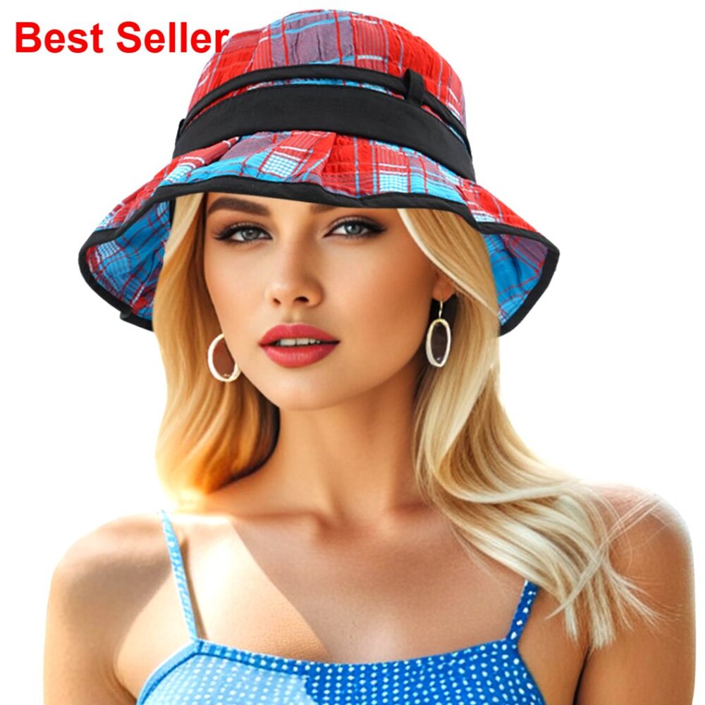 Polyester Plaid Bucket Hat with Chin Strap Foldable Sun Protection